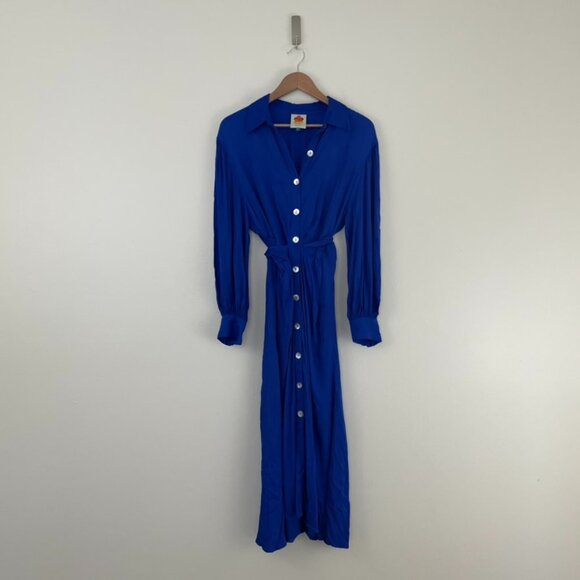 Farm Rio Cobalt Blue Knotted Waist Long Sleeve Midi Dress Size Medium - Picture 1 of 8